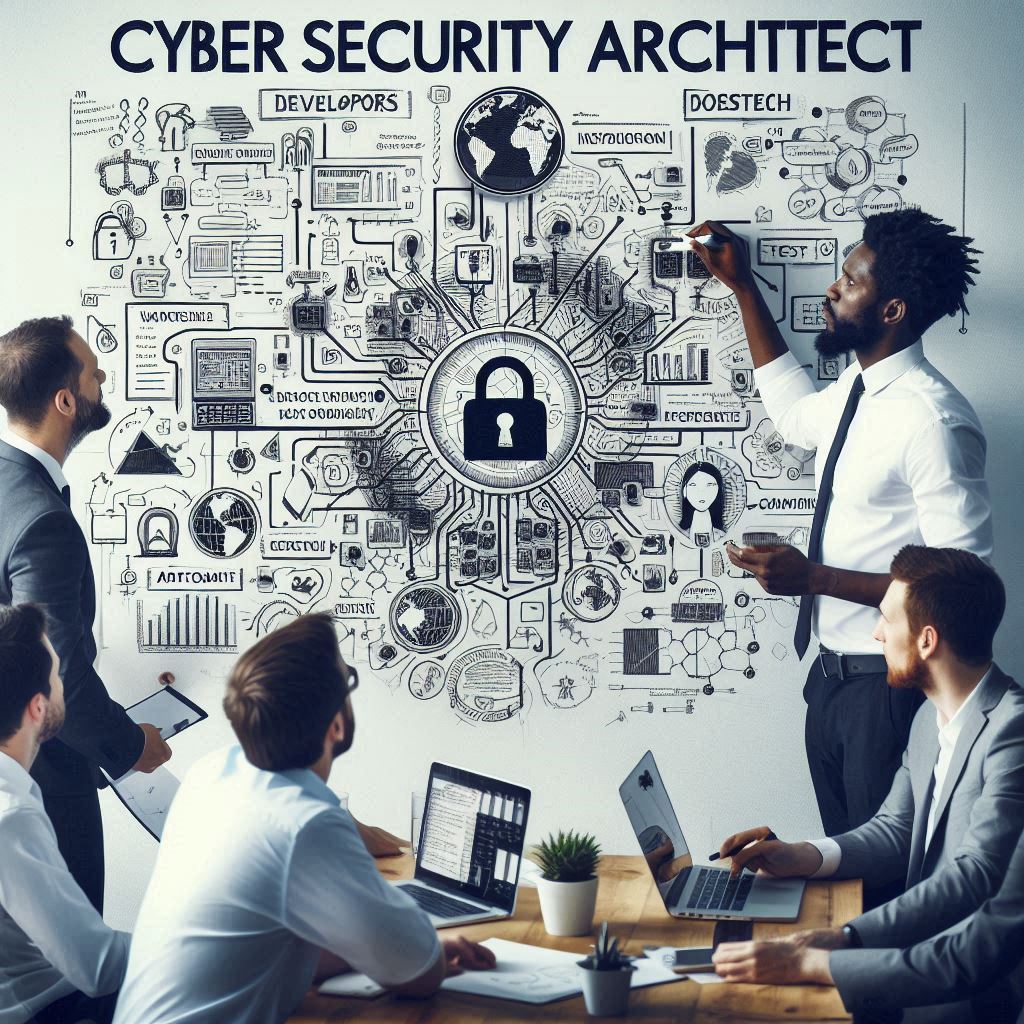 Cyber Security Architect who is creating a concept and around him are supporting roles.