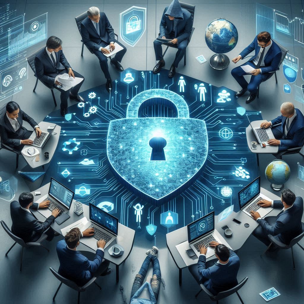 Business People sitting with an ethical hacker.