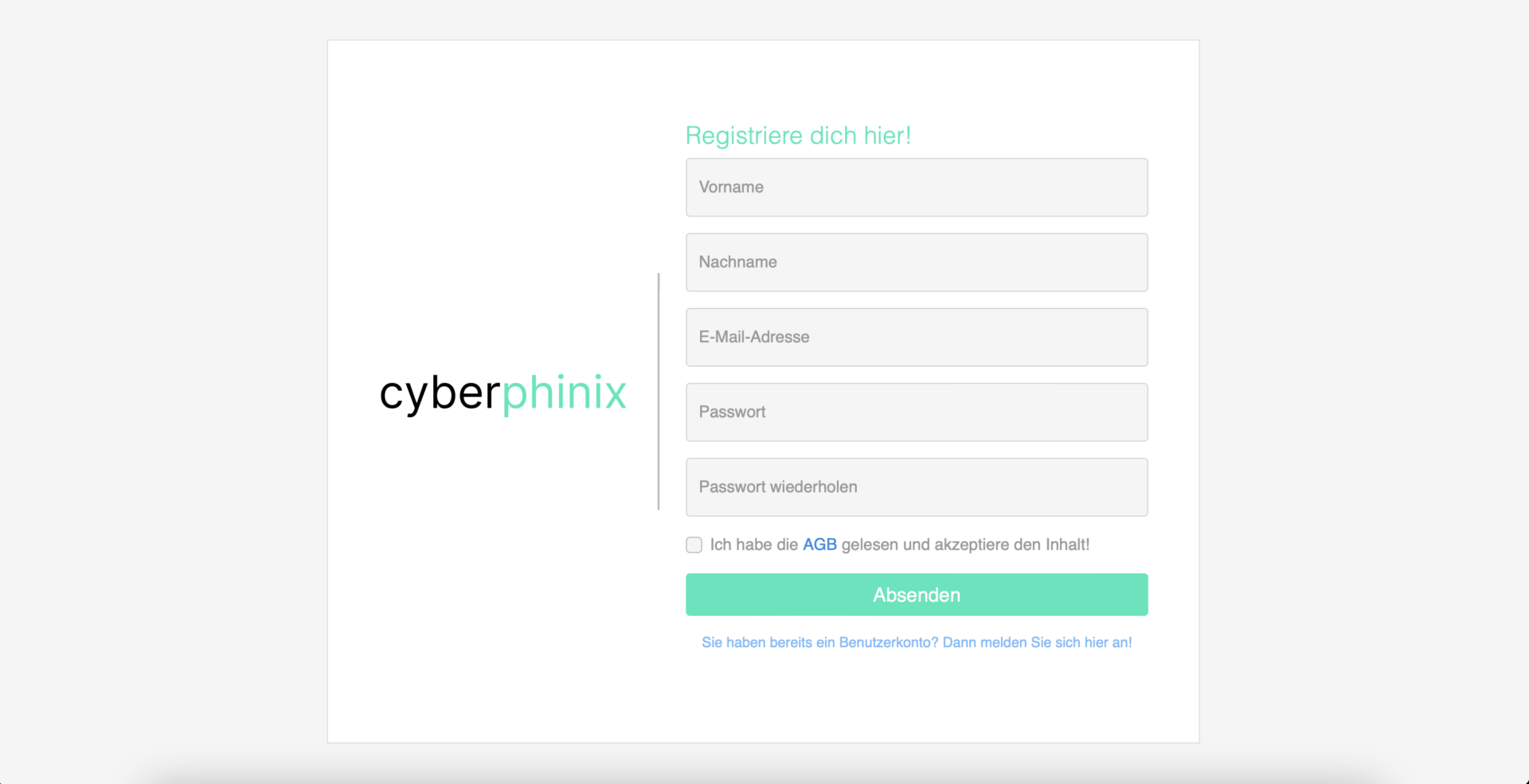 Screenshot of registration