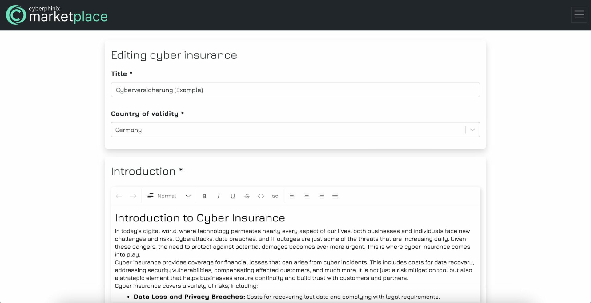 Cyber Insurance Edit View