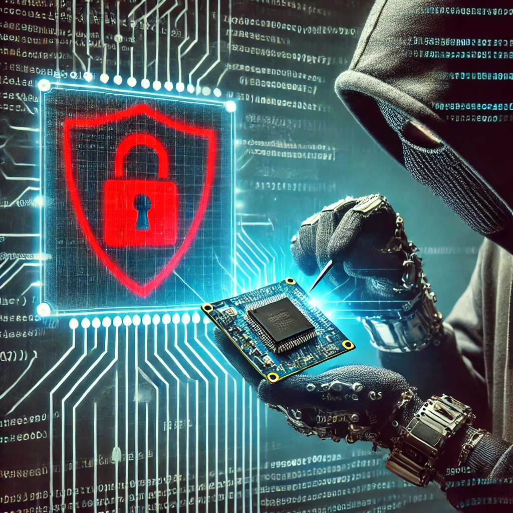 A hacker attempting to exploit vulnerabilities in an embedded device, with a red warning symbol appearing on the screen. The background features lines