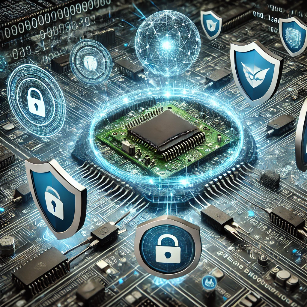 An embedded system with multiple security layers visualized as shields and firewalls protecting the microcontroller. The background features a network