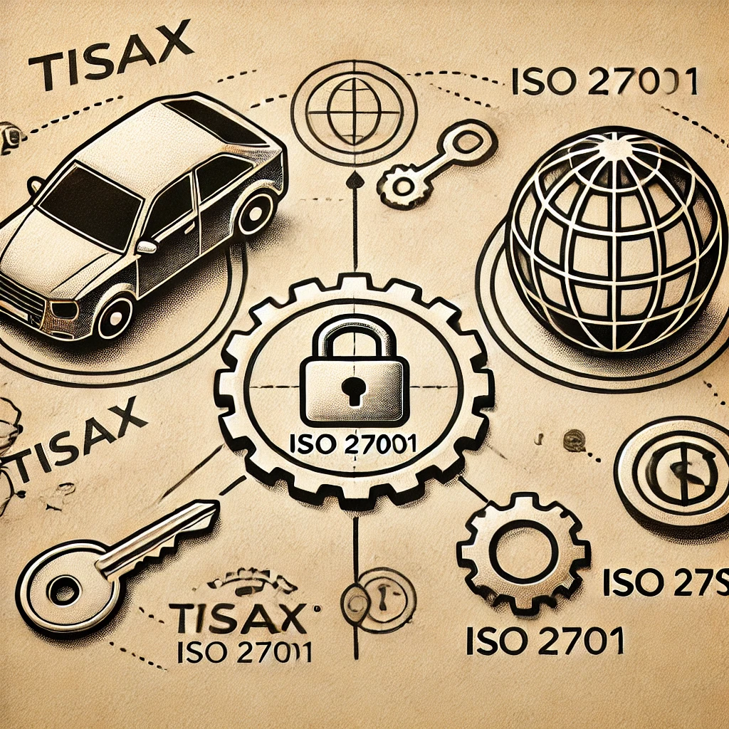 Ein Vergleichsdiagramm zwischen TISAX und ISO 27001, mit Symbolen für die Automobilindustrie und globale IT-Sicherheit. Eine Seite zeigt TISAX mit ein