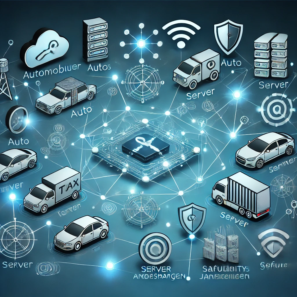 Eine digitale Vernetzung mit verschiedenen Automobilherstellern, die Daten austauschen, um die Einführung von TISAX zu visualisieren. Das Bild zeigt e